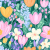 Floral gift wrap with pink, yellow, and white tulips against a teal background.