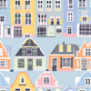 Gift wrap with colorful building pattern.