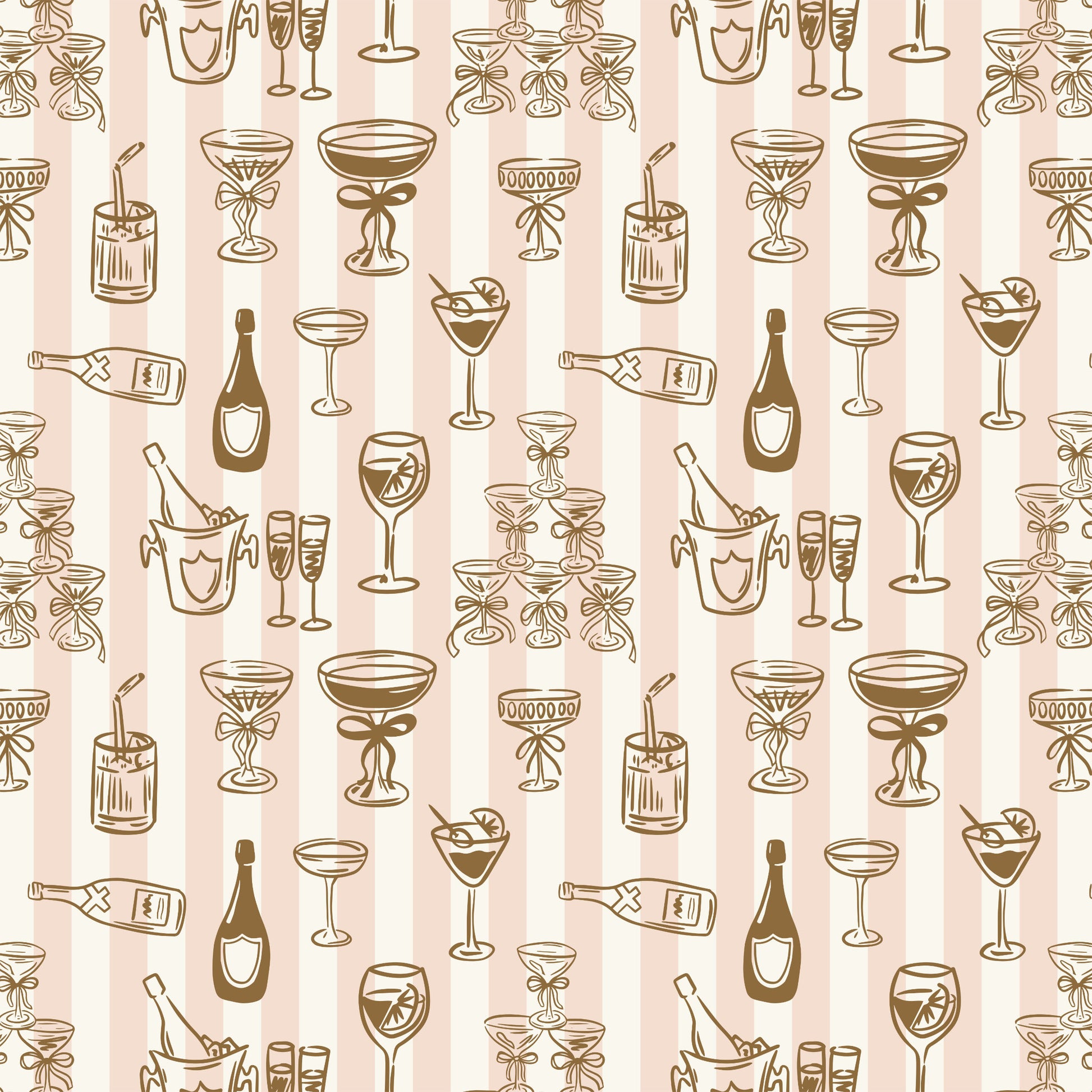 Gift wrap for prosecco bottles with vintage champagne and glass pattern on a striped background.
