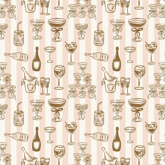 Gift wrap for prosecco bottles with vintage champagne and glass pattern on a striped background.