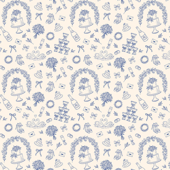 Gift wrapping with prosecco bottle and wedding doodles pattern.