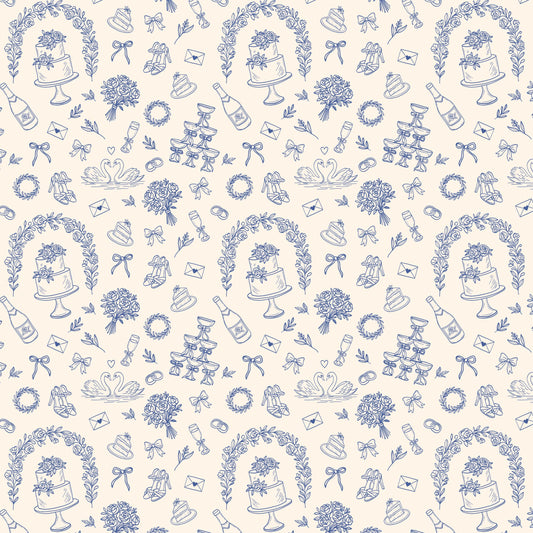 Gift wrapping with prosecco bottle and wedding doodles pattern.