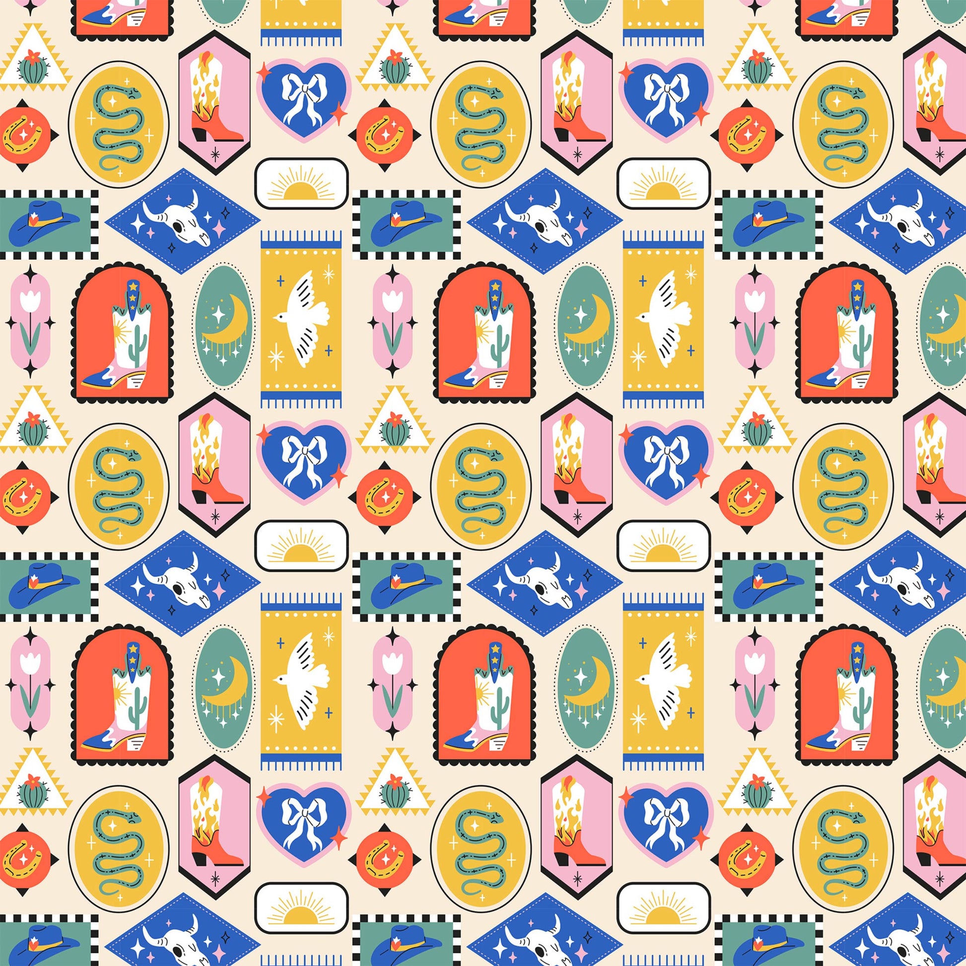 Gift wrap with colorful cowboy themed pattern.