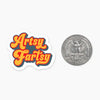 Decorative mini sticker with "Artsy Fartsy" design next to a quarter.