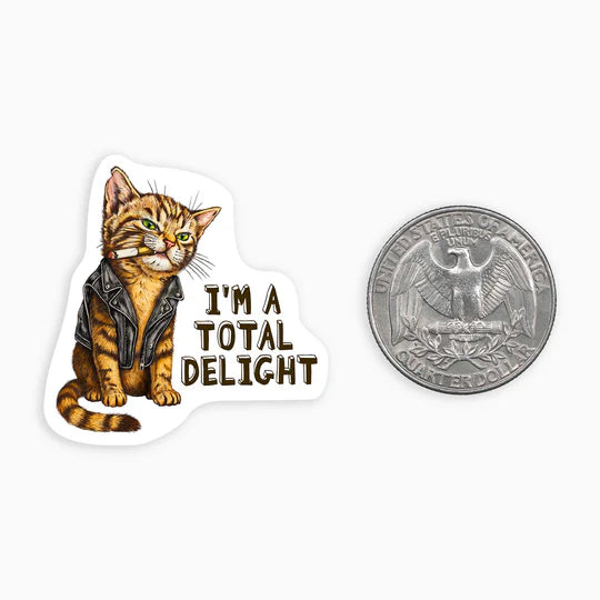 Mini sticker featuring a tabby cat in a biker jacket with text, next to a quarter.