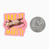 Mini sticker with a possum design by Ectogasm on a pink background next to a quarter.