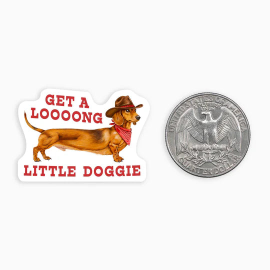 Mini sticker featuring a dachshund by Lizzy Ford next to a quarter for size comparison.