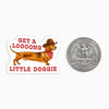 Mini sticker featuring a dachshund by Lizzy Ford next to a quarter for size comparison.