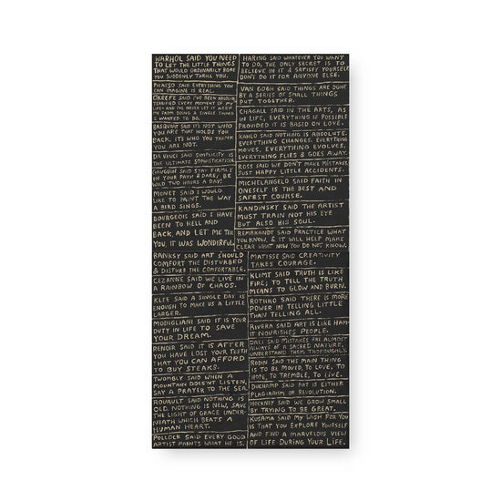 Decorative art tile collection with artist quotes in white on a dark background.
