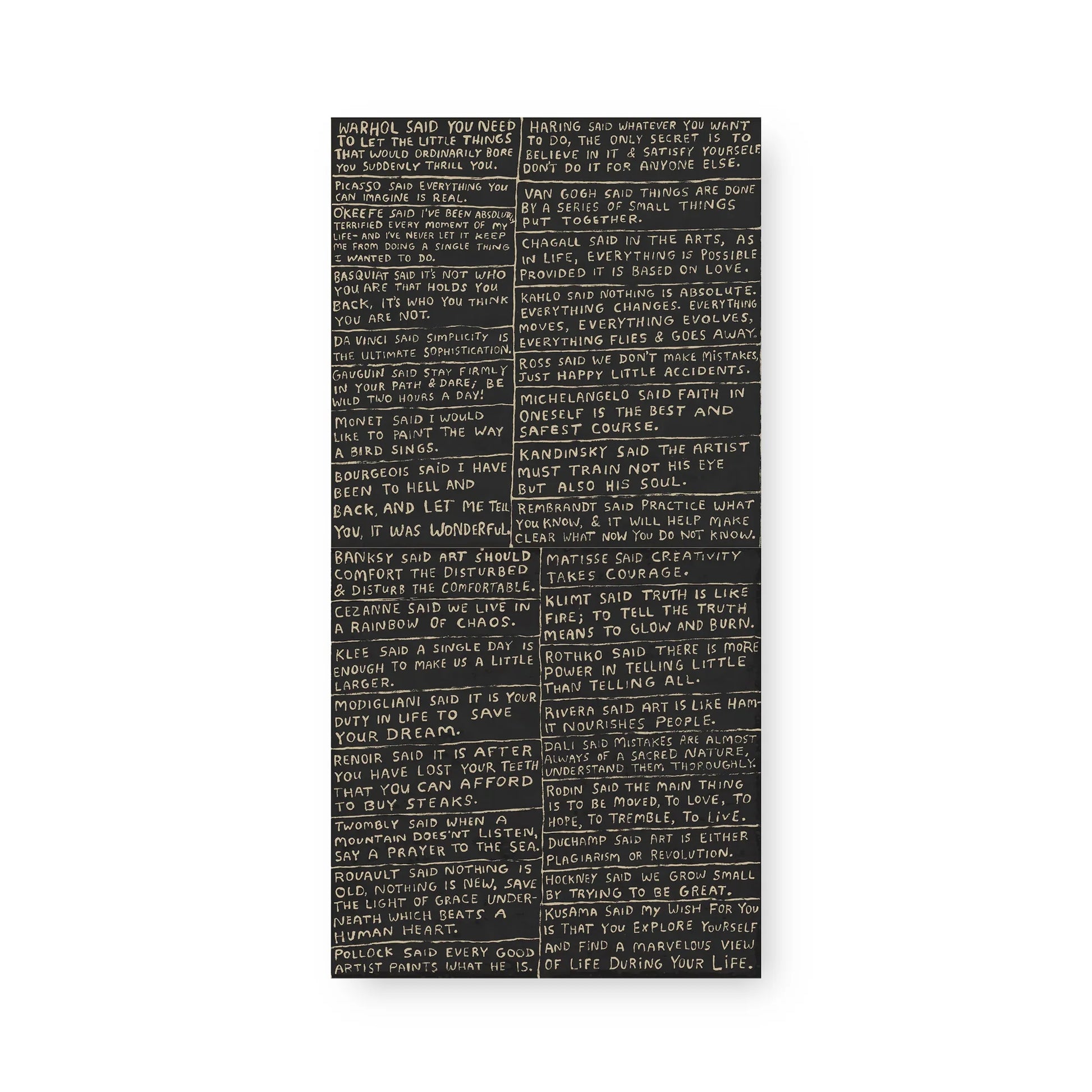 Decorative art tile collection with artist quotes in white on a dark background.
