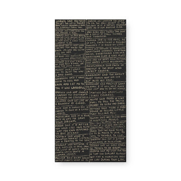 Decorative art tile collection with artist quotes in white on a dark background.
