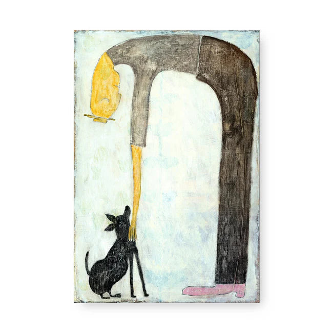 8" x 12" art tile featuring a person with a dog, over a textured background.