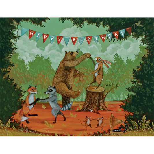 Happy Birthday card depicting forest animals dancing together with a banner above, festive and colorful.