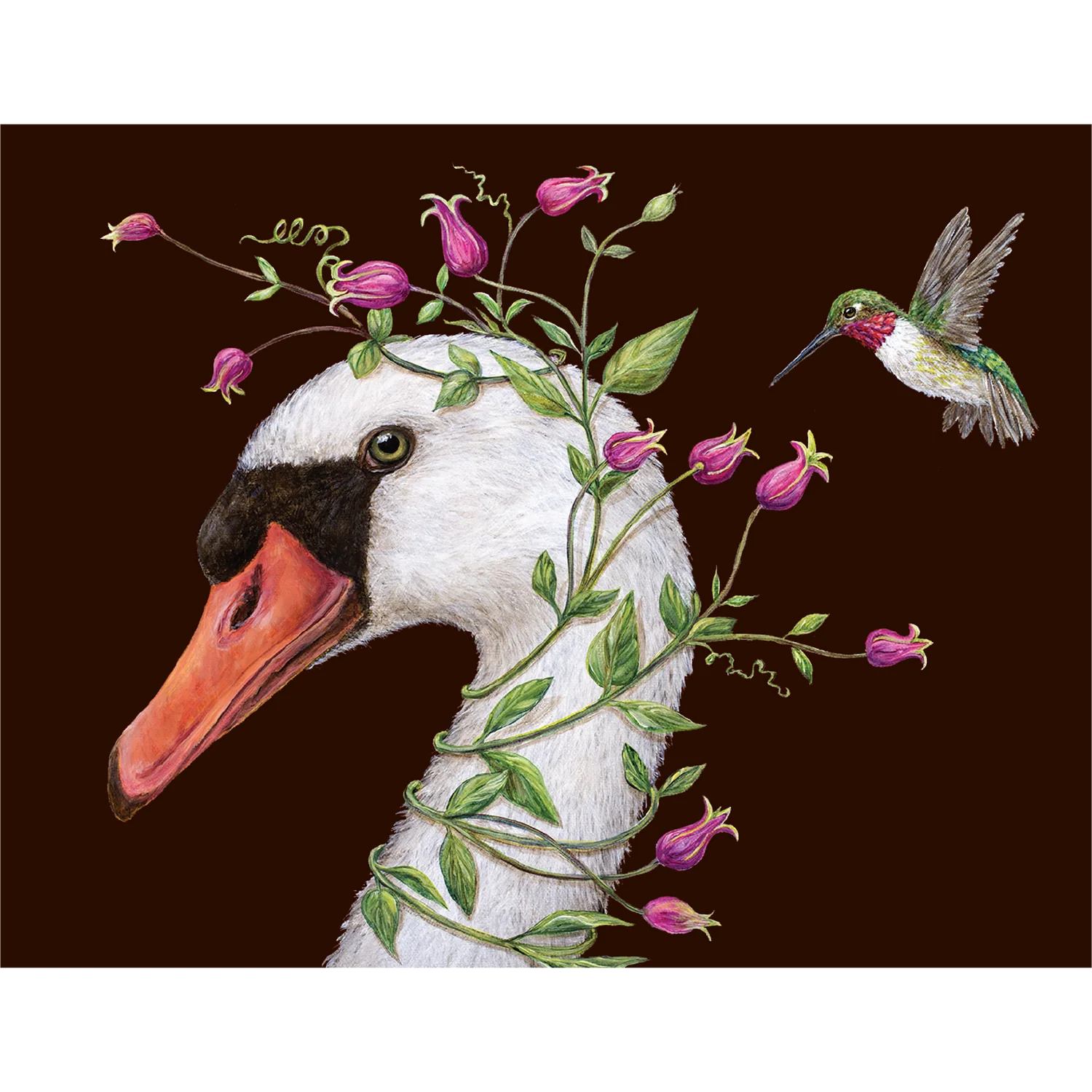 Watercolor stationery card of a swan with vines, accompanied by a hummingbird.
