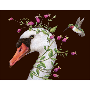 Watercolor stationery card of a swan with vines, accompanied by a hummingbird.
