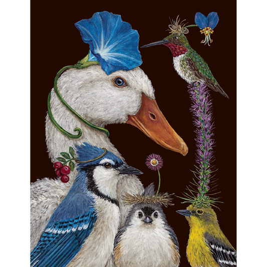 Greeting card featuring a whimsical arrangement of birds and flowers, on a dark brown background.
