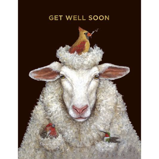 "Get Well Soon" stationery card featuring a sheep with birds, against a dark brown background.