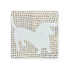 Decorative art tile with a white dachshund by an unknown maker, set against an off-white background with brown and black polka dots.