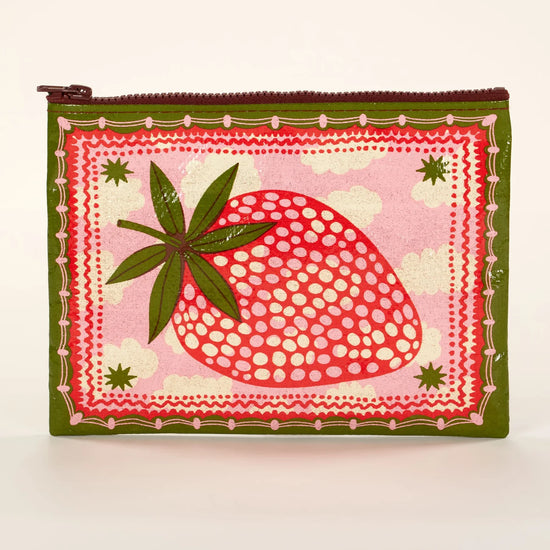 Zipper pouch with a strawberry illustration by Blue Q, featuring a pink background with clouds and stars.
