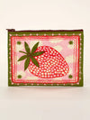 Zipper pouch with a strawberry illustration by Blue Q, featuring a pink background with clouds and stars.

