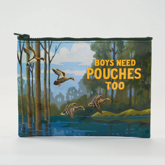 Zipper pouch with a duck landscape by Blue Q, featuring a blue background.
