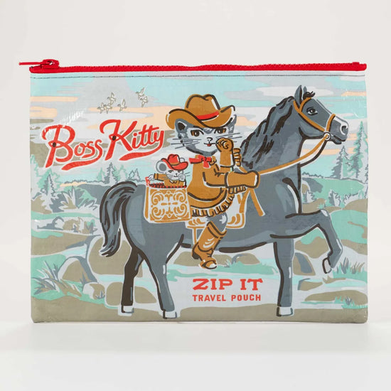 Zipper pouch from Blue Q with a cartoon cowboy cat riding a horse.