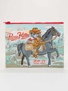 Zipper pouch from Blue Q with a cartoon cowboy cat riding a horse.