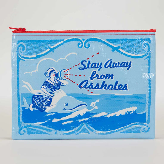 Printed zipper pouch by Blue Q with a woman on a dolphin and the phrase, "Stay Away from Assholes."
