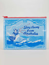Printed zipper pouch by Blue Q with a woman on a dolphin and the phrase, "Stay Away from Assholes."
