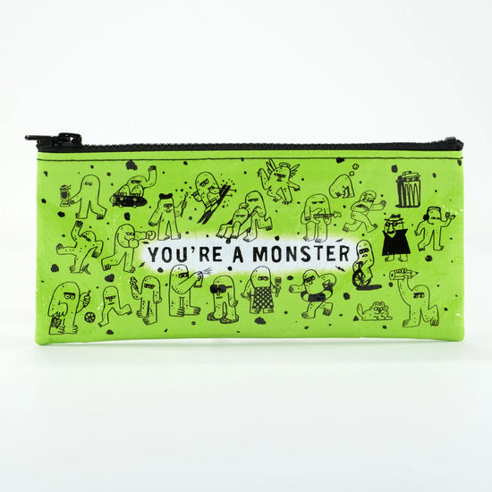 Lime green pencil case by Blue Q featuring cartoon monster drawings.