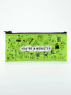 Lime green pencil case by Blue Q featuring cartoon monster drawings.