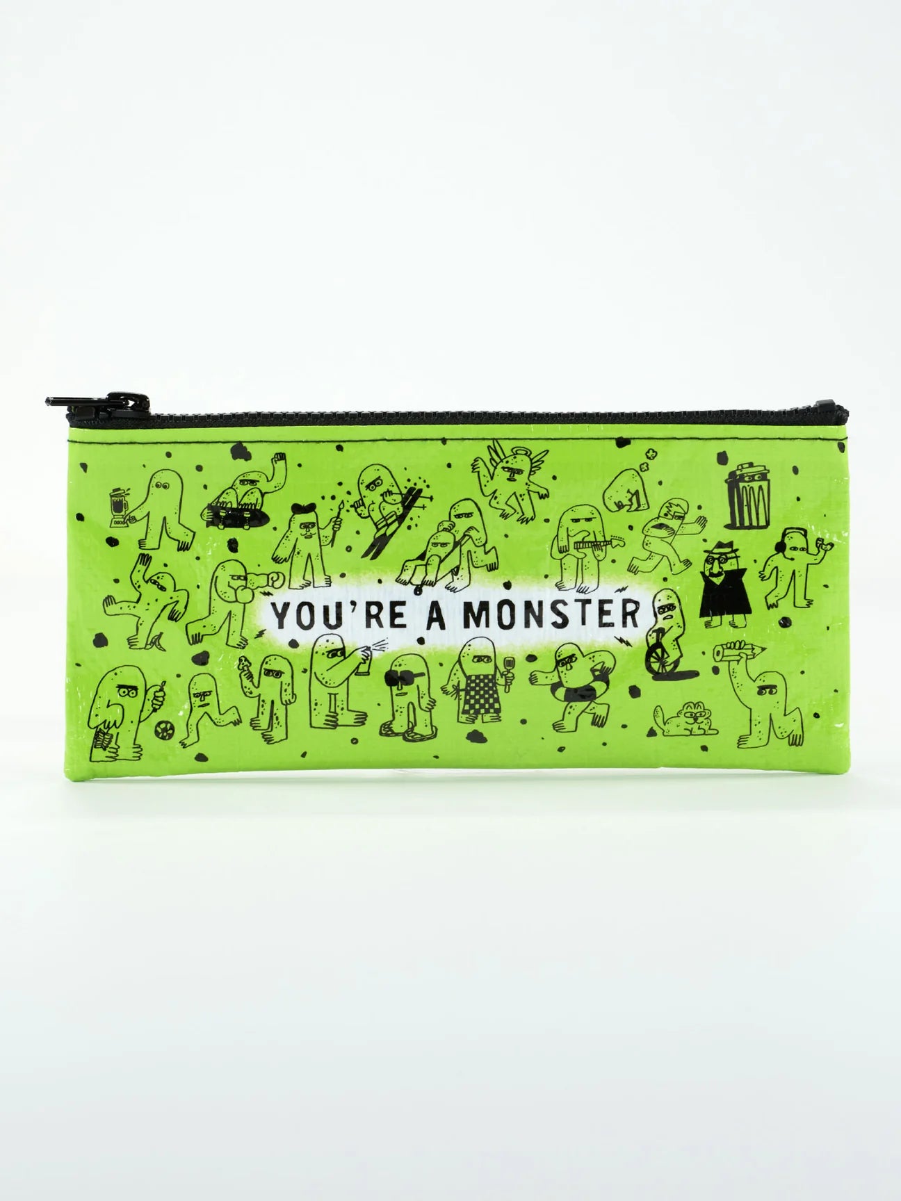 Lime green pencil case by Blue Q featuring cartoon monster drawings.