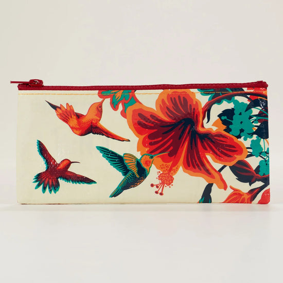 Printed pencil case by Blue Q, featuring a floral and hummingbird design.