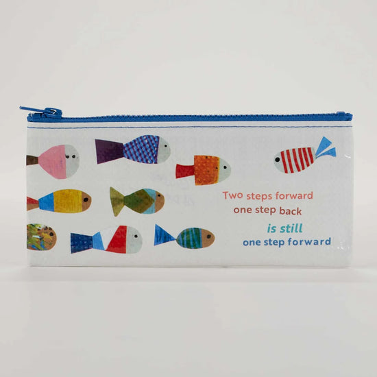 Printed pencil case by Blue Q featuring a colorful fish pattern and a motivational saying.