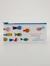 Printed pencil case by Blue Q featuring a colorful fish pattern and a motivational saying.