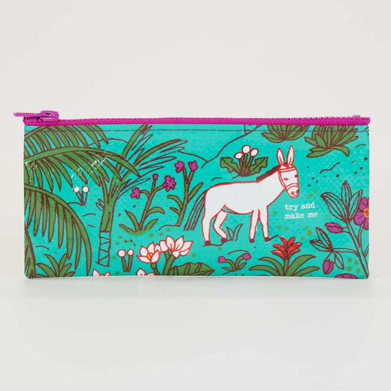 Patterned pencil case by Blue Q with a tropical design, donkey graphic, and the phrase "try and make me".
