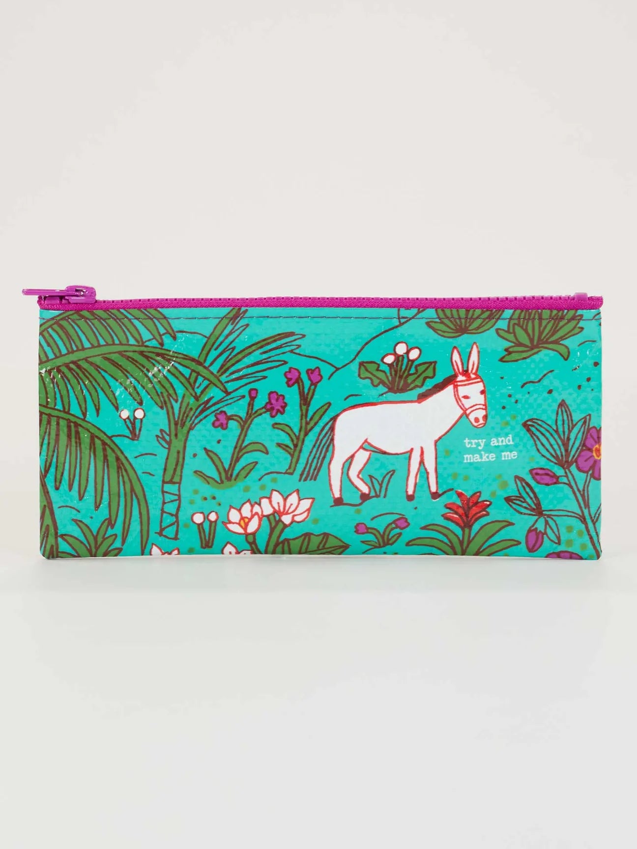 Patterned pencil case by Blue Q with a tropical design, donkey graphic, and the phrase "try and make me".
