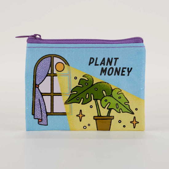 Coin pouch by Blue Q with a "Plant Money" design, featuring a window and houseplant graphic.