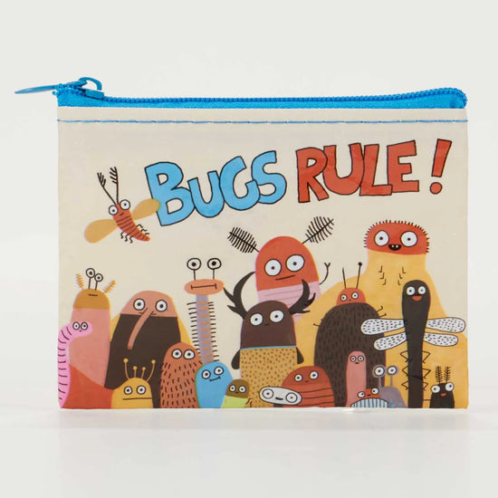 Coin pouch from Blue Q with a "Bugs Rule!" graphic and a colorful cartoon bug pattern.
