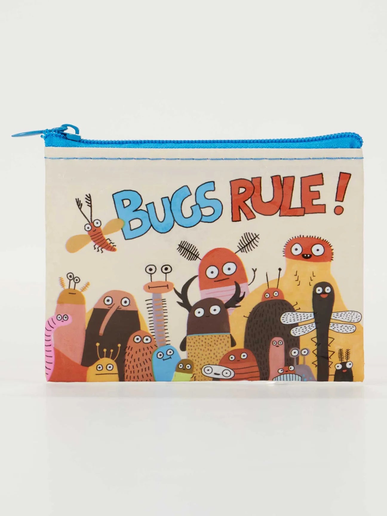 Coin pouch from Blue Q with a "Bugs Rule!" graphic and a colorful cartoon bug pattern.
