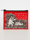 Red coin pouch by Blue Q with a humorous cat graphic and floral illustrations.

