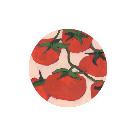 Tomato illustration coasters from Art by Margaret Tlane, with green stems on a light background.
