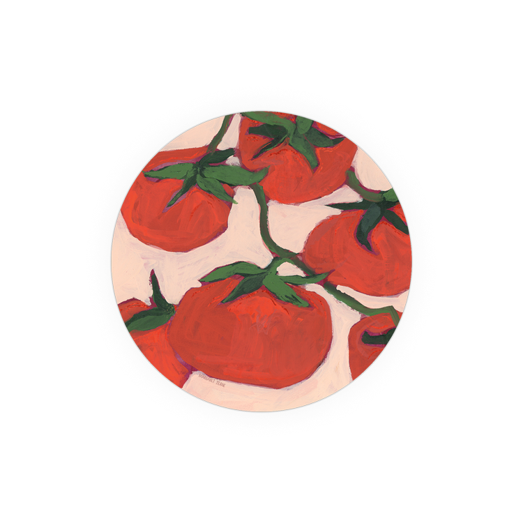 Tomato illustration coasters from Art by Margaret Tlane, with green stems on a light background.

