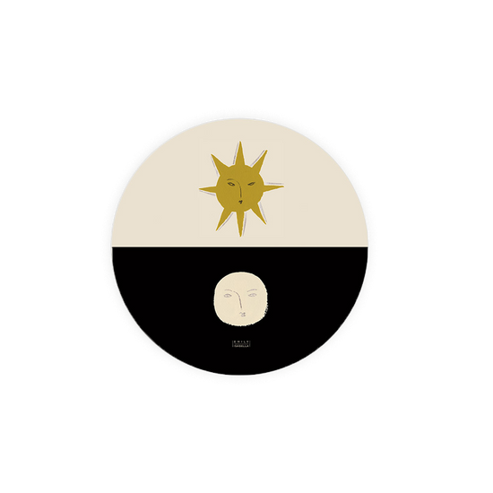 Seedlings coasters with a sun and moon design by Emily Isabella with a black and beige color scheme.