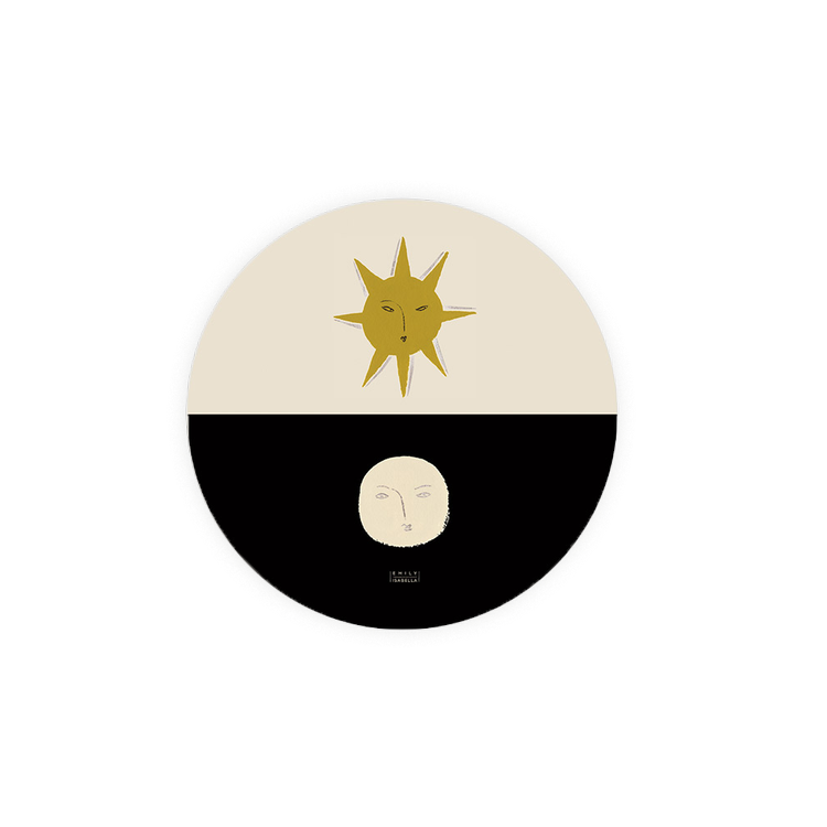 Seedlings coasters with a sun and moon design by Emily Isabella with a black and beige color scheme.