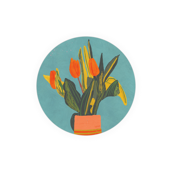 Floral still life coaster with tulips in a pot, on a blue textured background.