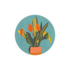 Floral still life coaster with tulips in a pot, on a blue textured background.