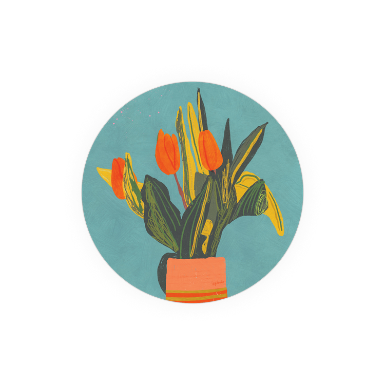 Floral still life coaster with tulips in a pot, on a blue textured background.