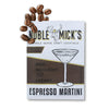Single-serve espresso martini cocktail mix by Noble Mick's, with coffee beans and a line art cocktail glass.