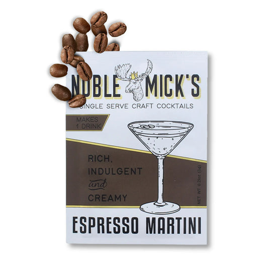 Single-serve espresso martini cocktail mix by Noble Mick's, with coffee beans and a line art cocktail glass.